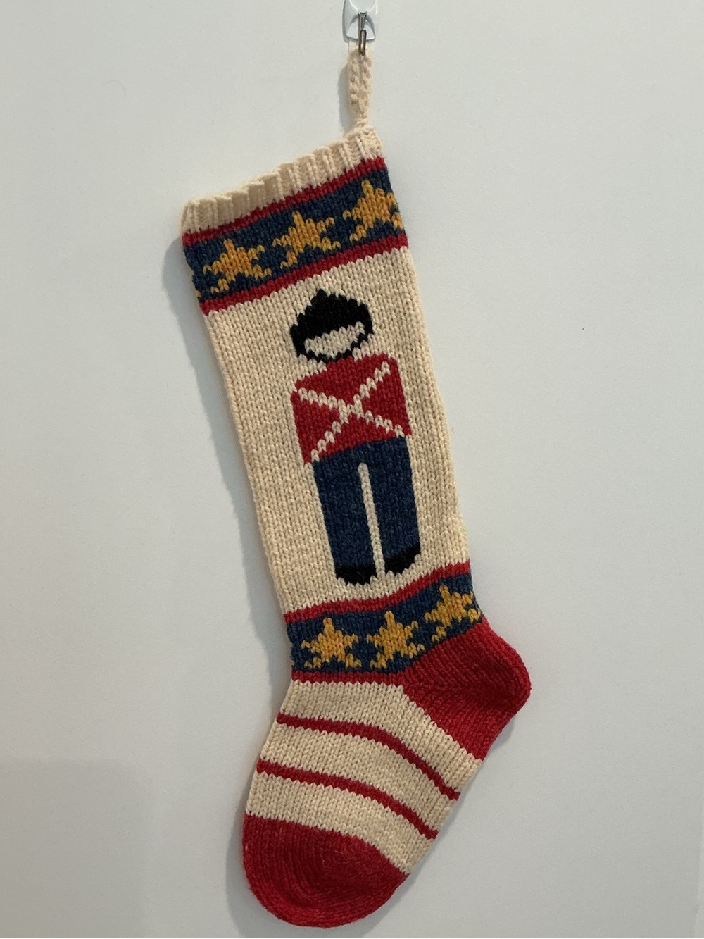 Vintage Hand Knit Cove Like Wool Christmas Stocking Toy Soldier and Star Pattern